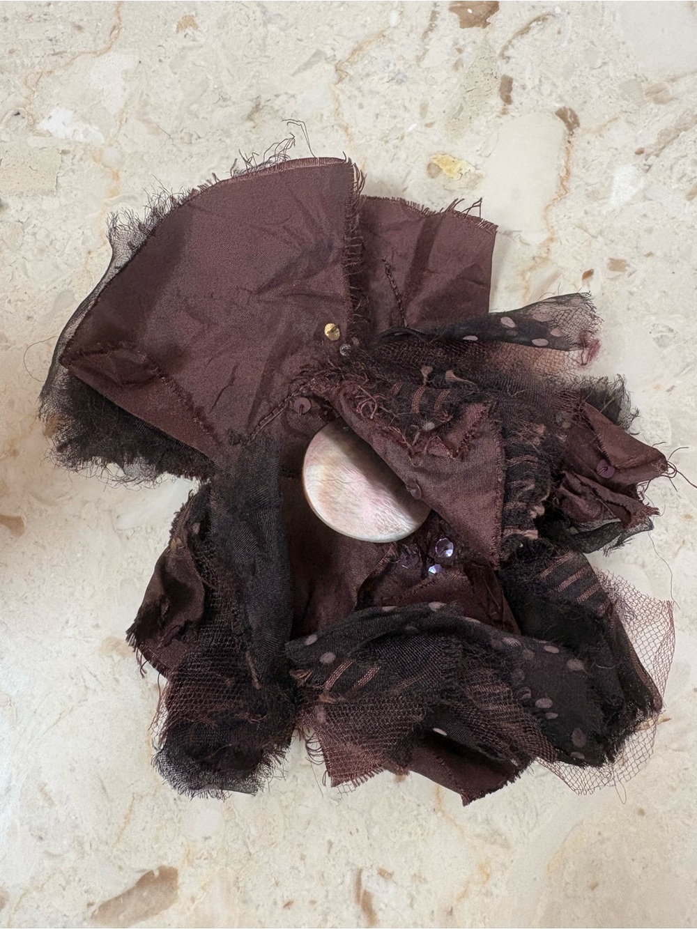Elegant Brown Fabric Flower Brooch with Mother-of-Pearl Accent